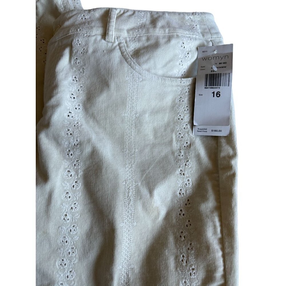 Womyn Pants Women's Thin Corduroy Size 16 Eyelet Cutouts 5 Pocket Cream NEW - Picture 5 of 10
